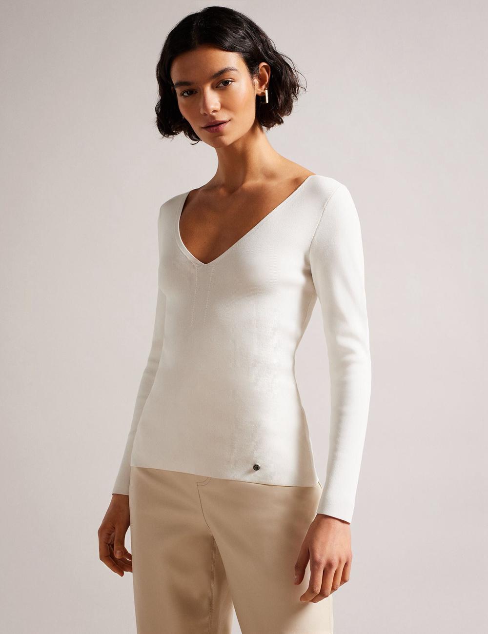 Ivory Ted Baker CILESTE - Fitted V-Neck Long Sleeve Knit Top Women Jumpers | Canada  FRB-892150