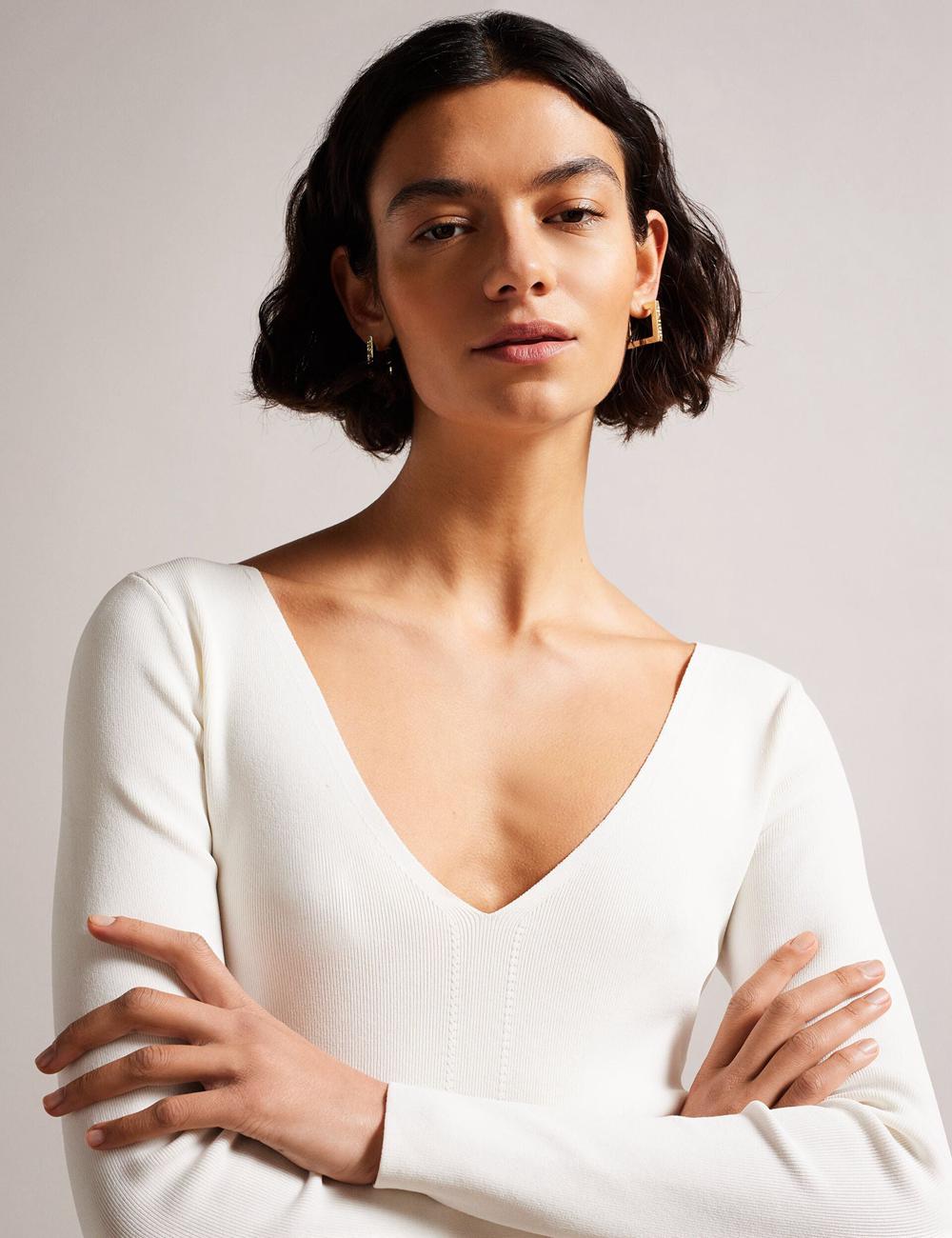 Ivory Ted Baker CILESTE - Fitted V-Neck Long Sleeve Knit Top Women Jumpers | Canada  FRB-892150