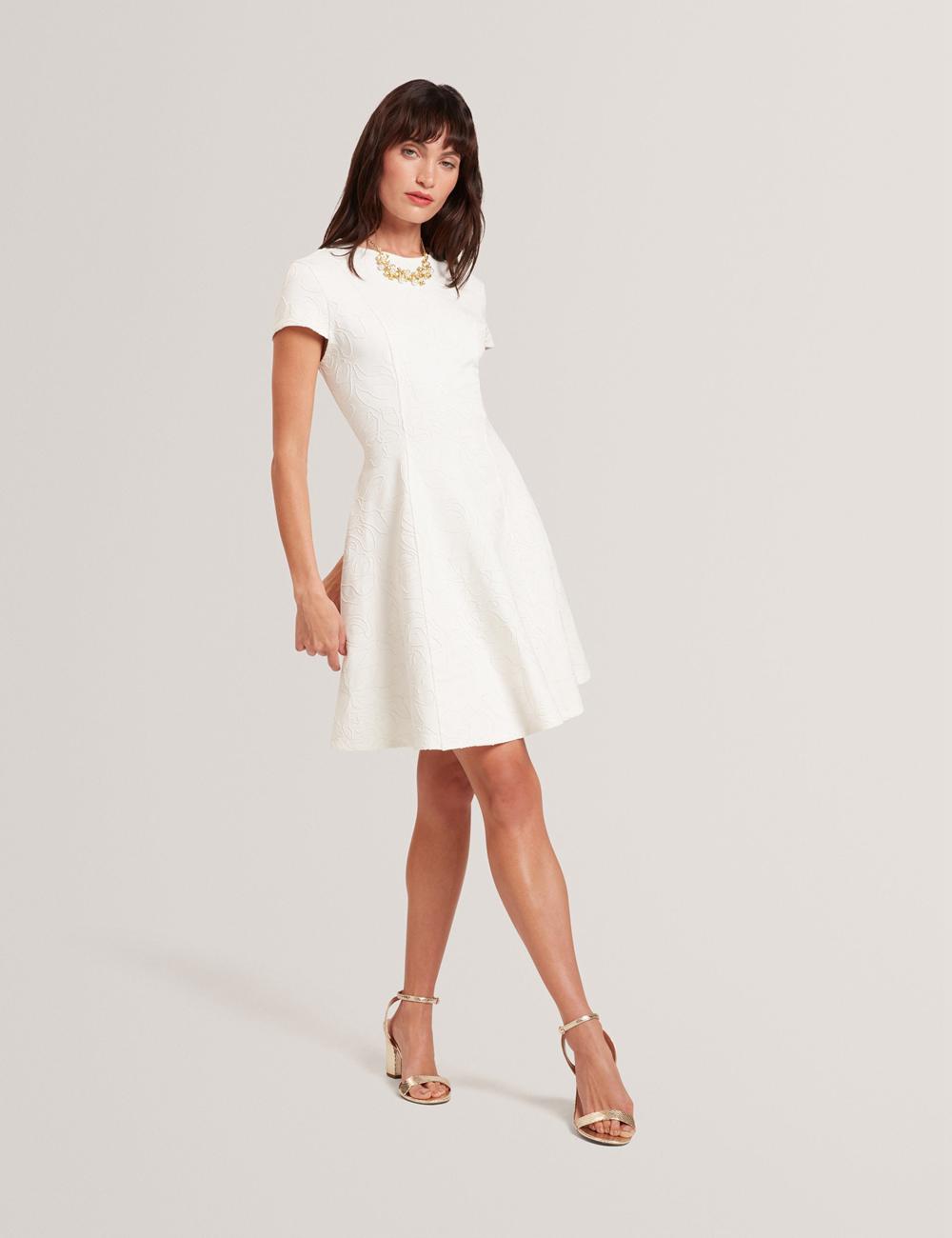 Ivory Ted Baker CLODAA - Embroidered Short Sleeve Skater Women Mini Dresses | Canada  WHZ-768320