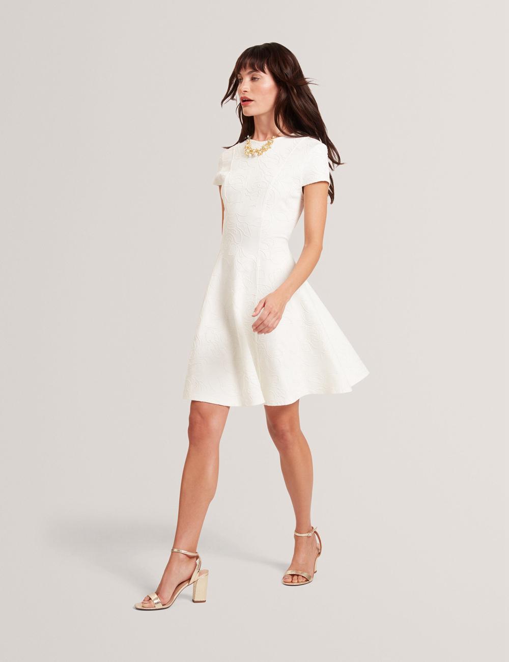 Ivory Ted Baker CLODAA - Embroidered Short Sleeve Skater Women Mini Dresses | Canada  WHZ-768320