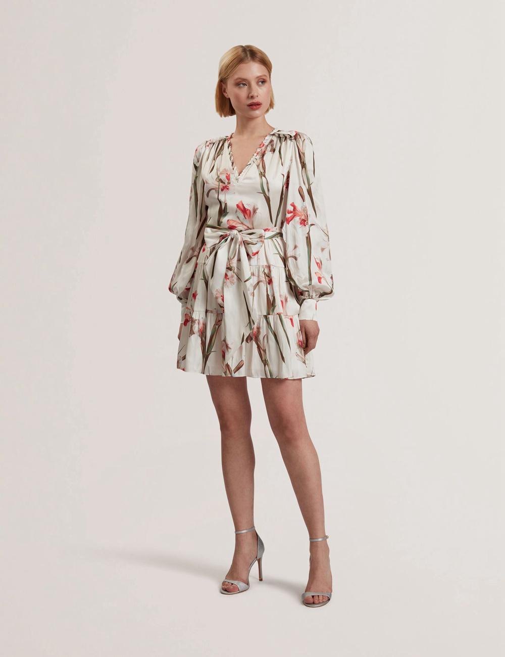 Ivory Ted Baker CUIABA - Floral V-Neck Waist Women Mini Dresses | Canada  UQY-689054