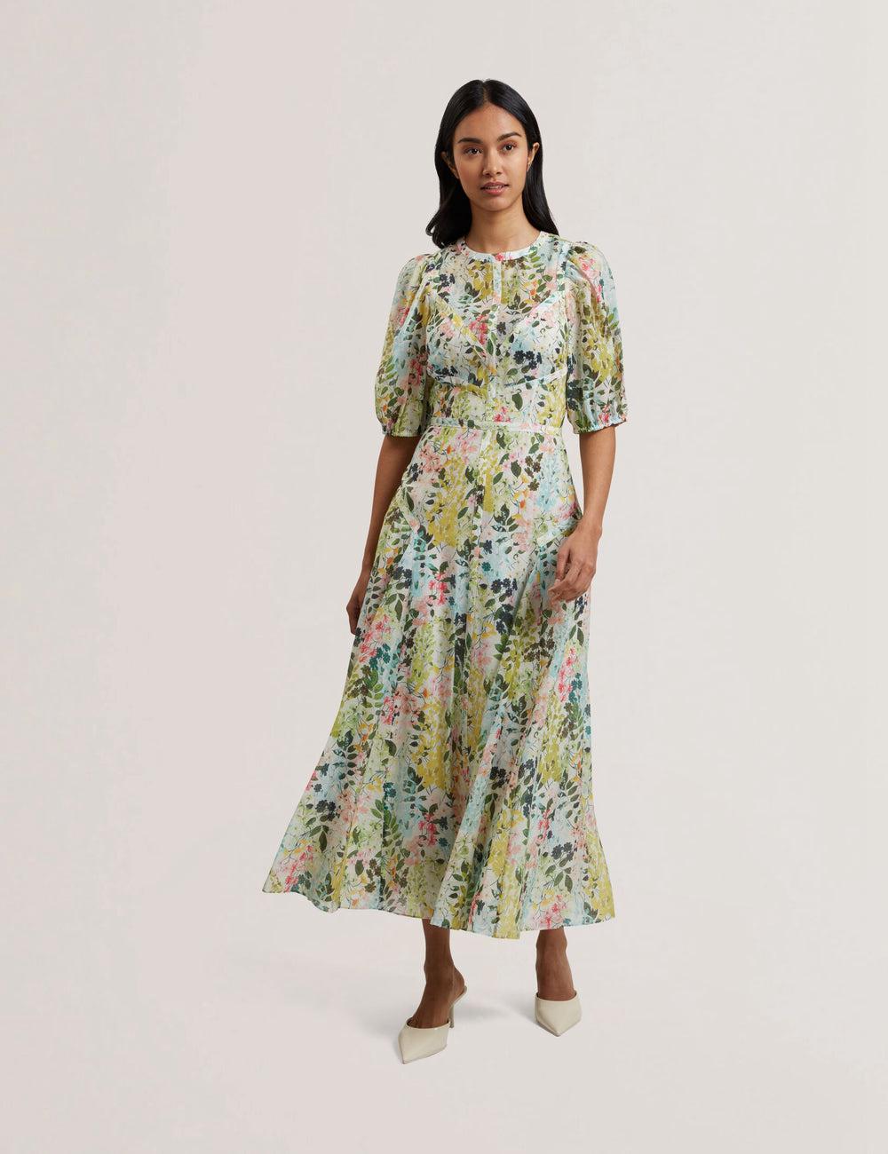 Ivory Ted Baker KANDEA - Floral Puff Sleeve A-Line Women Midi Dresses | Canada  RWK-852614