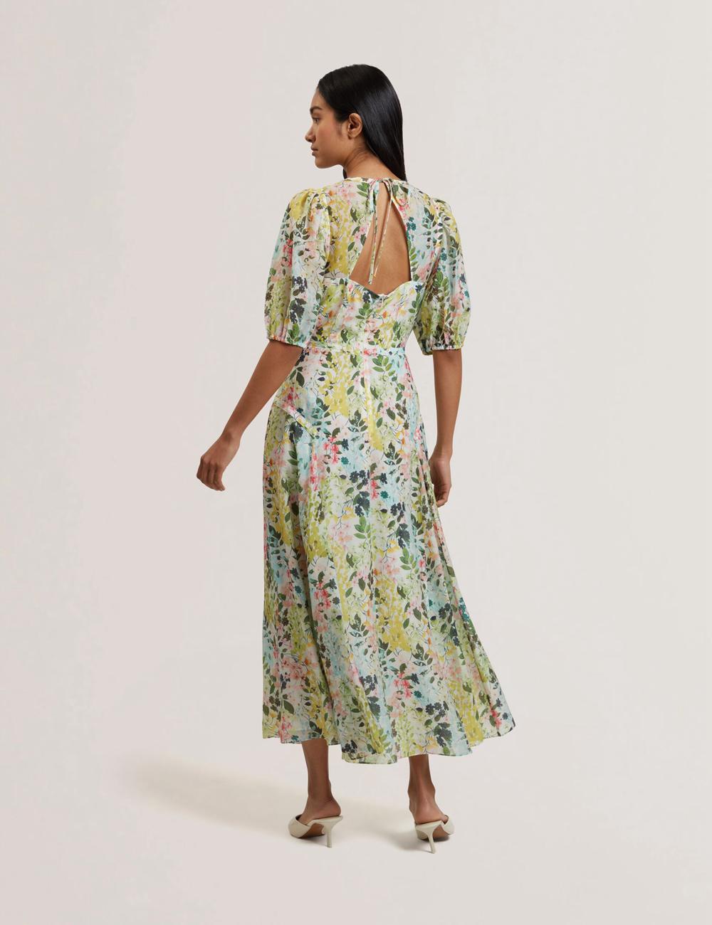Ivory Ted Baker KANDEA - Floral Puff Sleeve A-Line Women Midi Dresses | Canada  RWK-852614