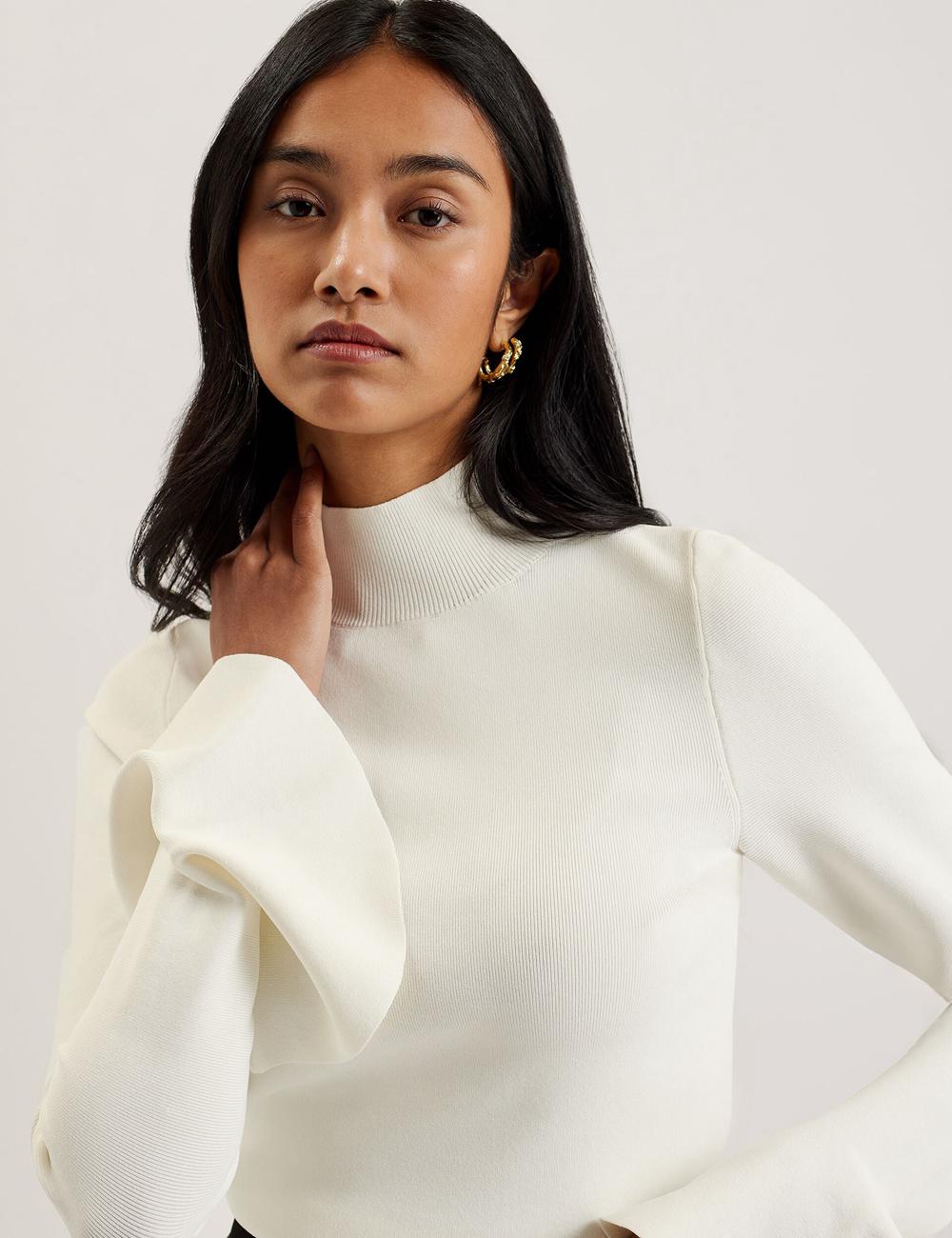 Ivory Ted Baker LAYNHA - Flared Sleeve High Neck Knitted Top Women Jumpers | Canada  EGV-312075
