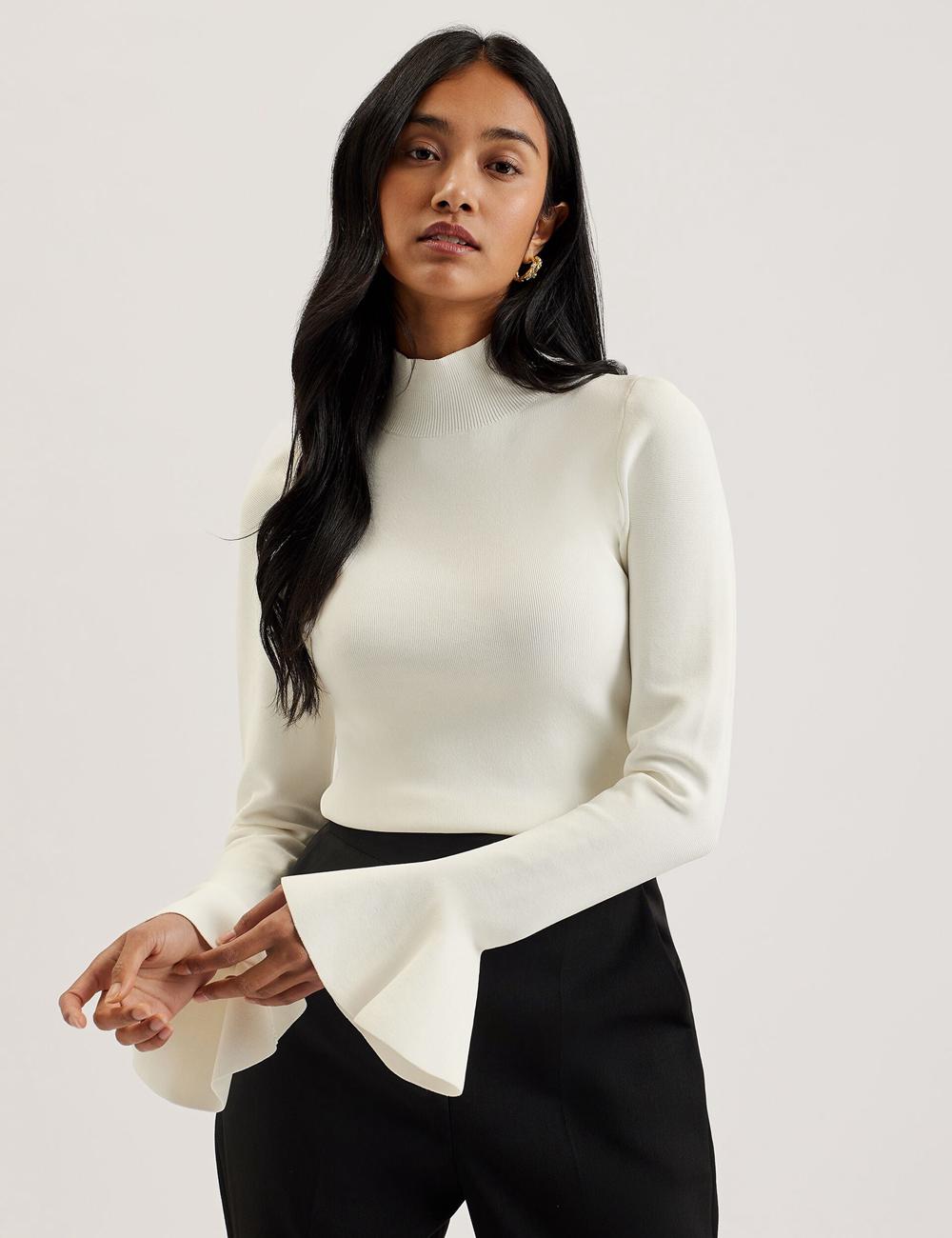 Ivory Ted Baker LAYNHA - Flared Sleeve High Neck Knitted Top Women Jumpers | Canada  EGV-312075