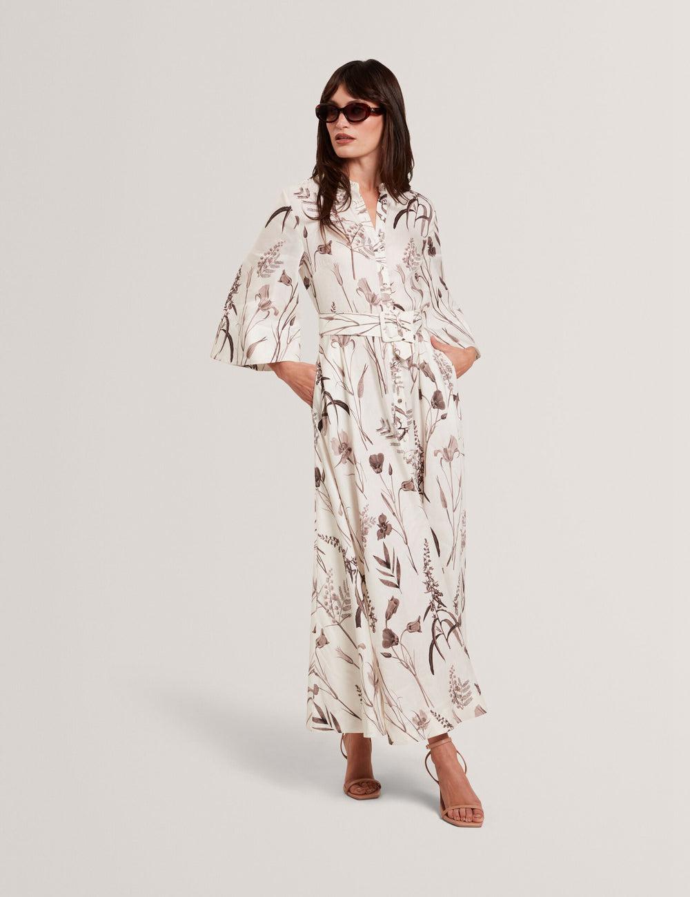Ivory Ted Baker LUWISA - Floral Linen Silk Belted Midi Shirt Women Midi Dresses | Canada  XKS-179560