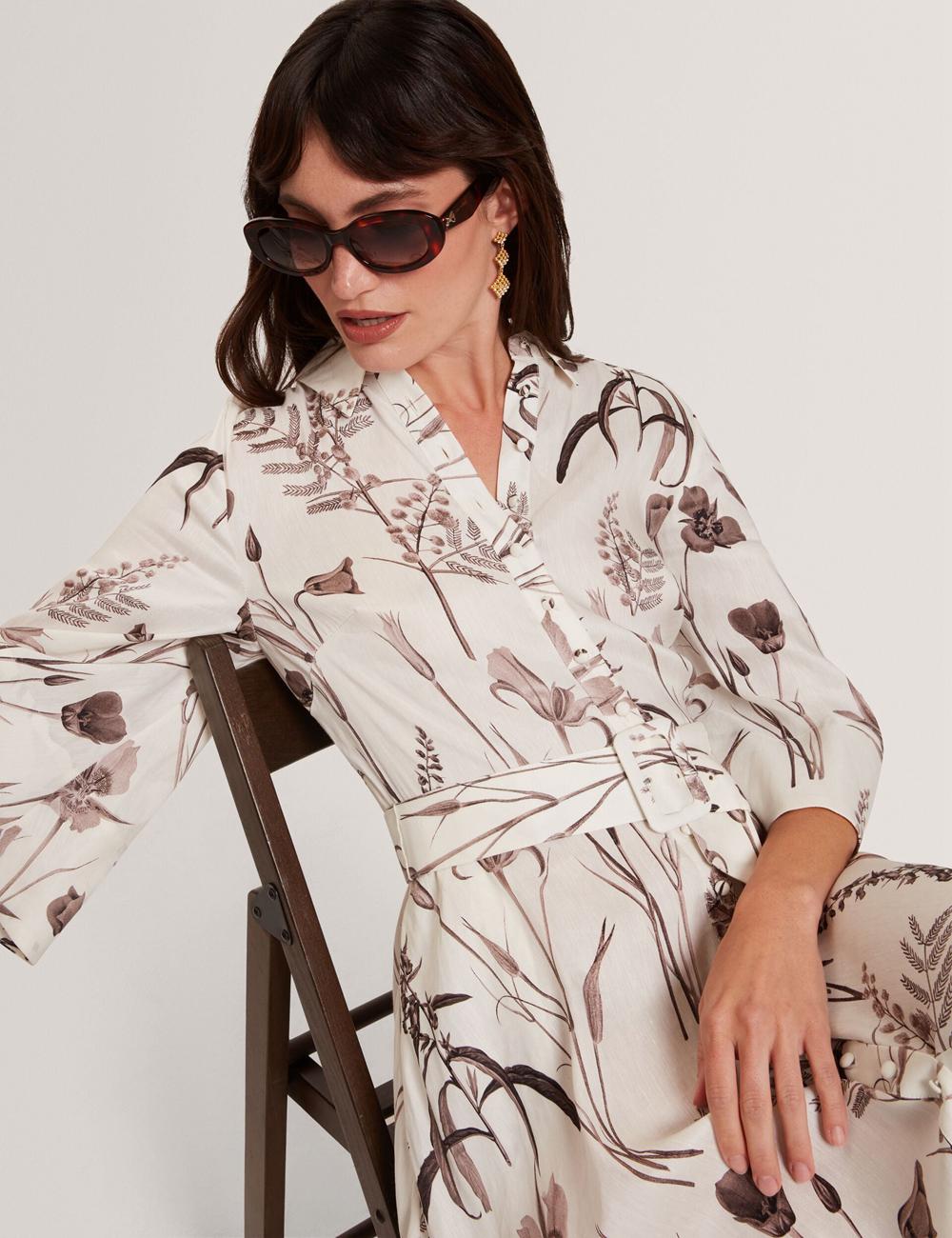 Ivory Ted Baker LUWISA - Floral Linen Silk Belted Midi Shirt Women Midi Dresses | Canada  XKS-179560