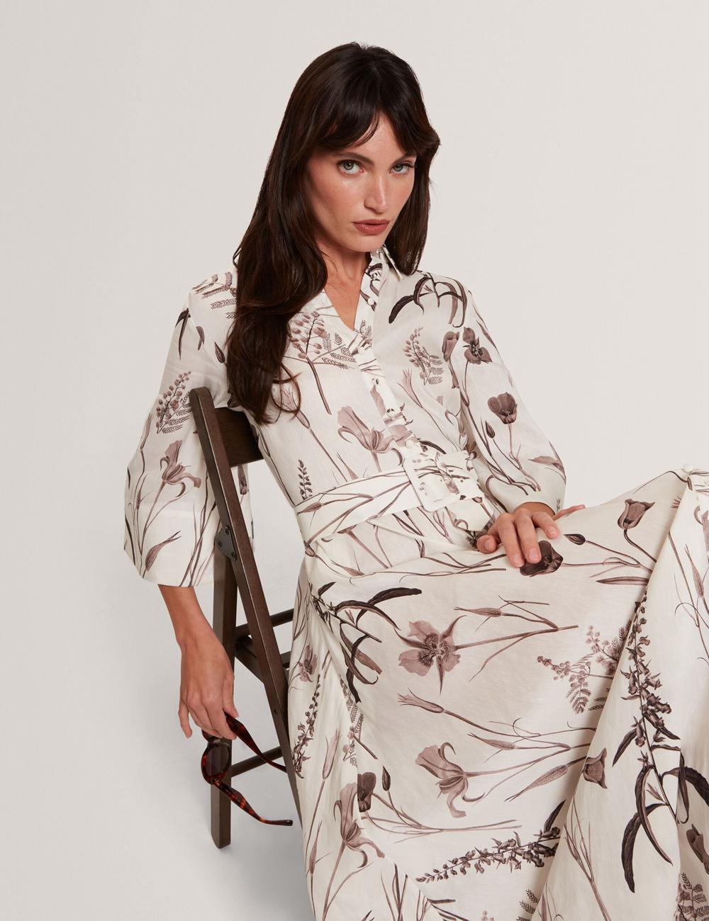 Ivory Ted Baker LUWISA - Floral Linen Silk Belted Midi Shirt Women Midi Dresses | Canada  XKS-179560