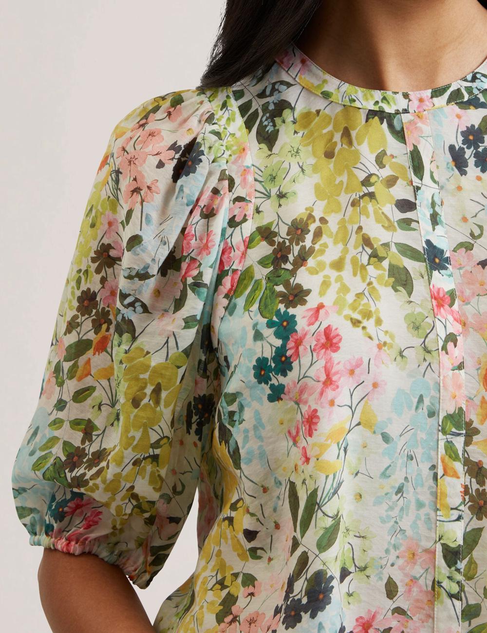Ivory Ted Baker MICHA - Floral Binding Detail Puffed Sleeve Women Blouses | Canada  KPL-306714
