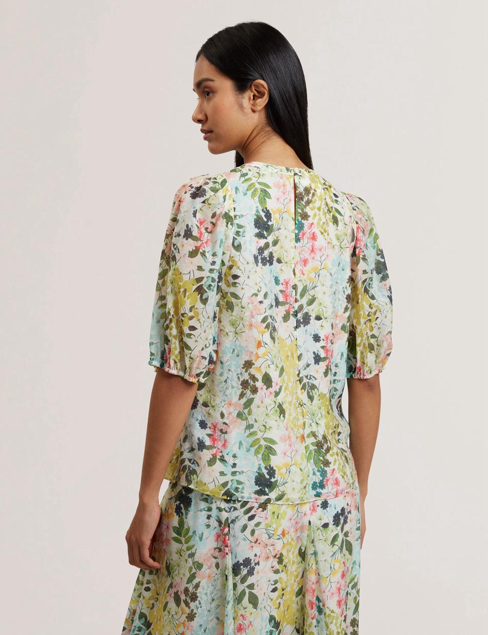 Ivory Ted Baker MICHA - Floral Binding Detail Puffed Sleeve Women Blouses | Canada  KPL-306714