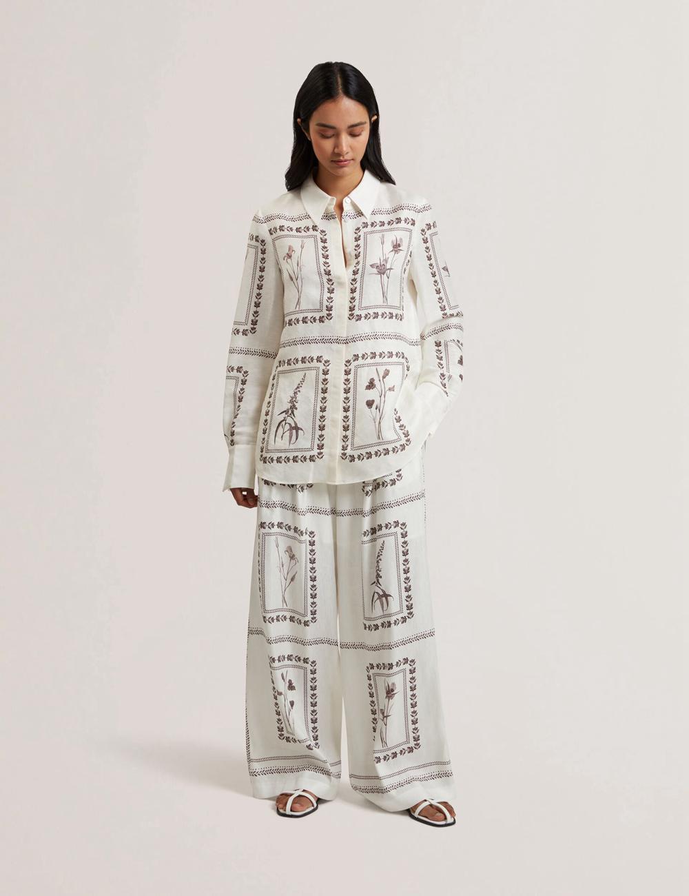 Ivory Ted Baker ORNITHA - Panel Print Silk Linen Wide Leg Women Trousers | Canada  MQP-160842