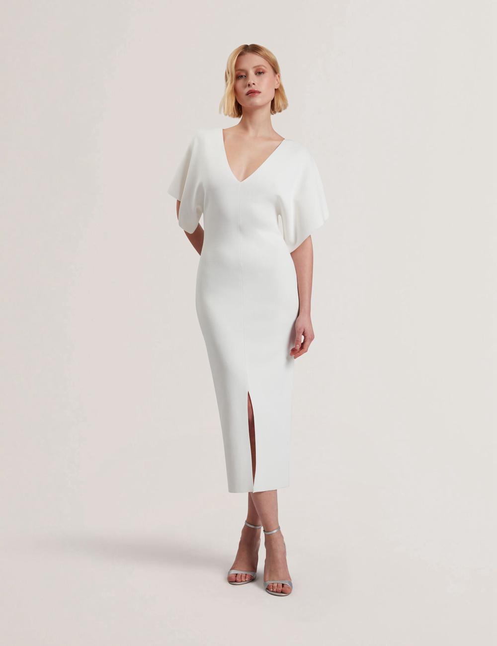 Ivory Ted Baker REBEXXA - Wide Sleeve Knitted Bodycon Women Midi Dresses | Canada  YPV-652813