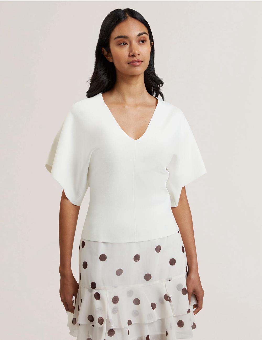 Ivory Ted Baker REGINAH - Wide Short Sleeve V-Neck Knitted Women Tops | Canada  EZQ-830549