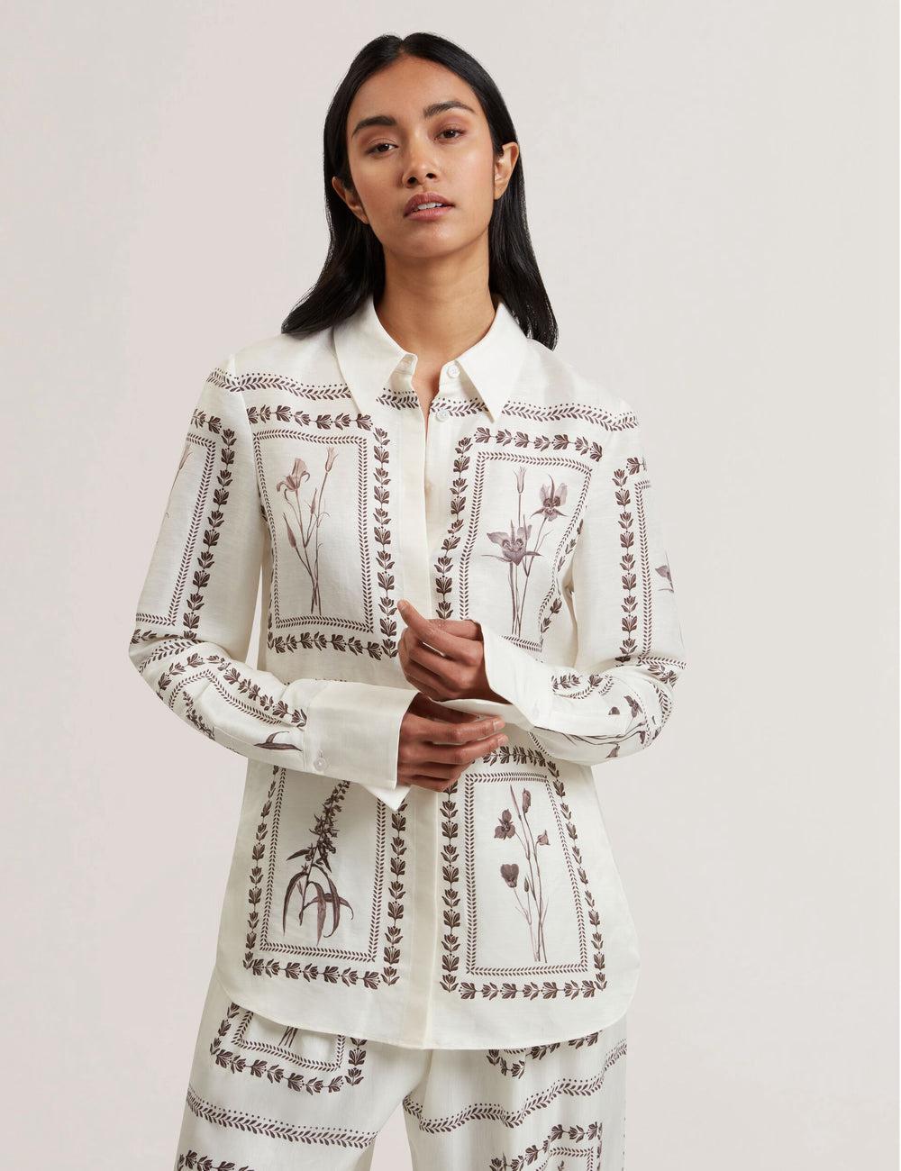 Ivory Ted Baker SIMCOA - Panel Print Silk Linen Longline Women Casual Shirts | Canada  IHA-025869