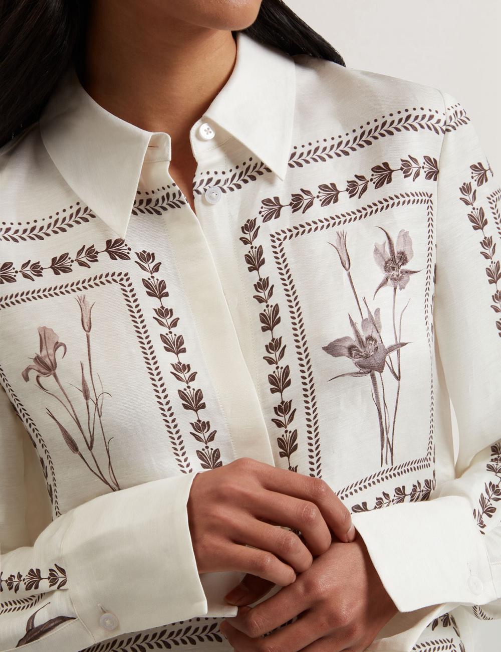 Ivory Ted Baker SIMCOA - Panel Print Silk Linen Longline Women Casual Shirts | Canada  IHA-025869