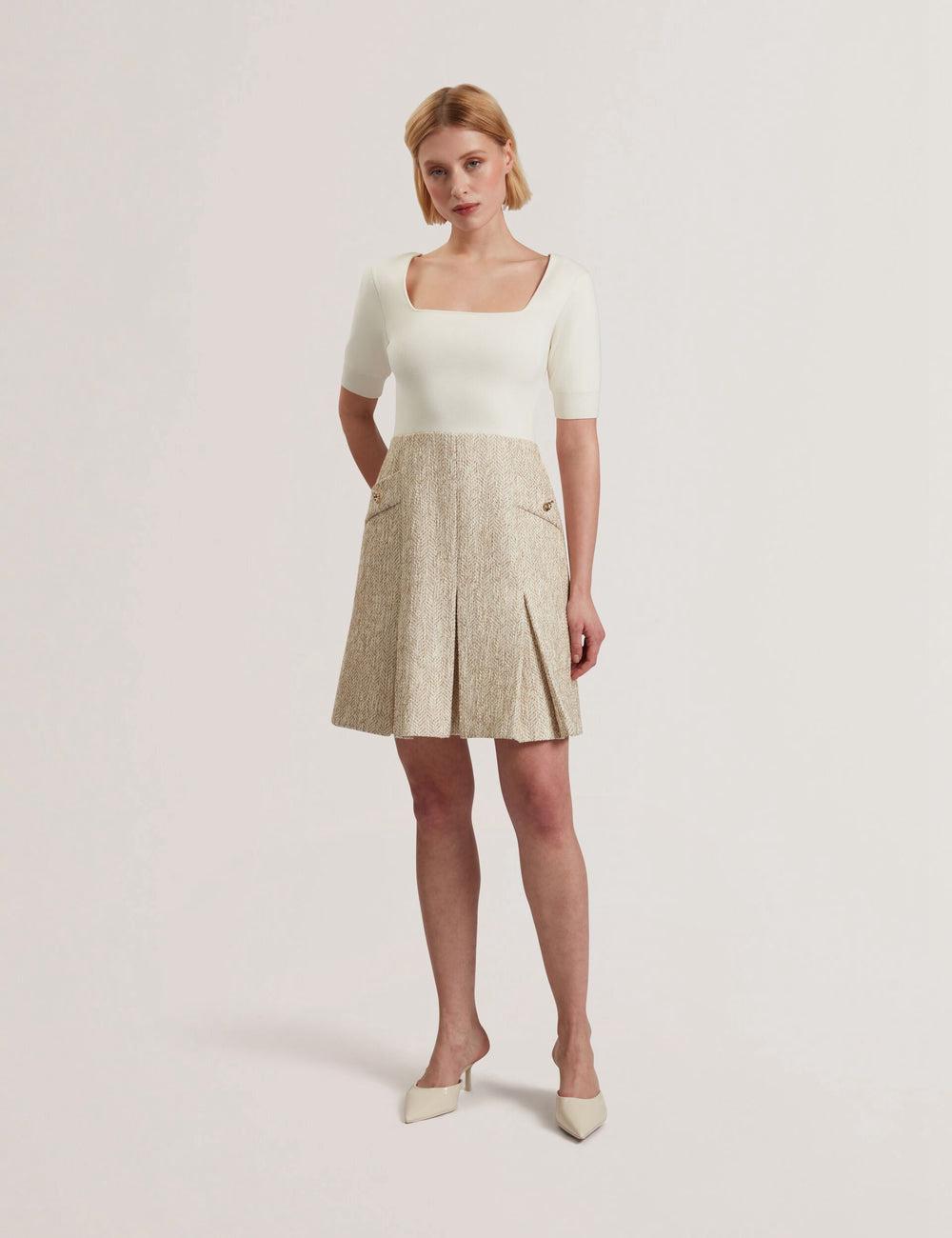 Ivory Ted Baker VULPAD - Pleated Boucle With Knit Bodice Women Mini Dresses | Canada  KGY-923615
