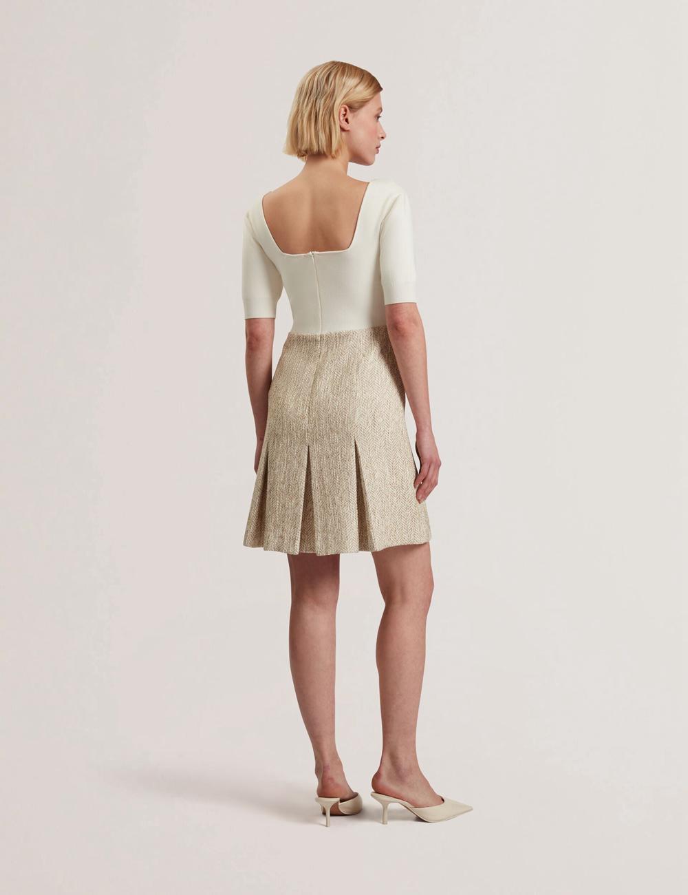 Ivory Ted Baker VULPAD - Pleated Boucle With Knit Bodice Women Mini Dresses | Canada  KGY-923615