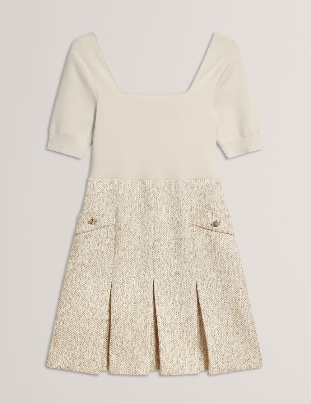 Ivory Ted Baker VULPAD - Pleated Boucle With Knit Bodice Women Mini Dresses | Canada  KGY-923615