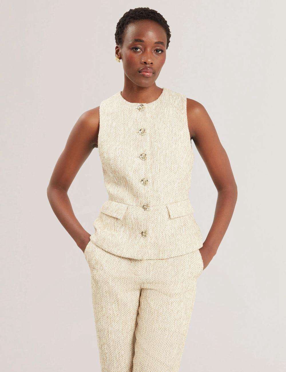 Ivory Ted Baker VULPAW - Boucle Herringbone Fitted Women Suit Waistcoat | Canada  BKR-158360