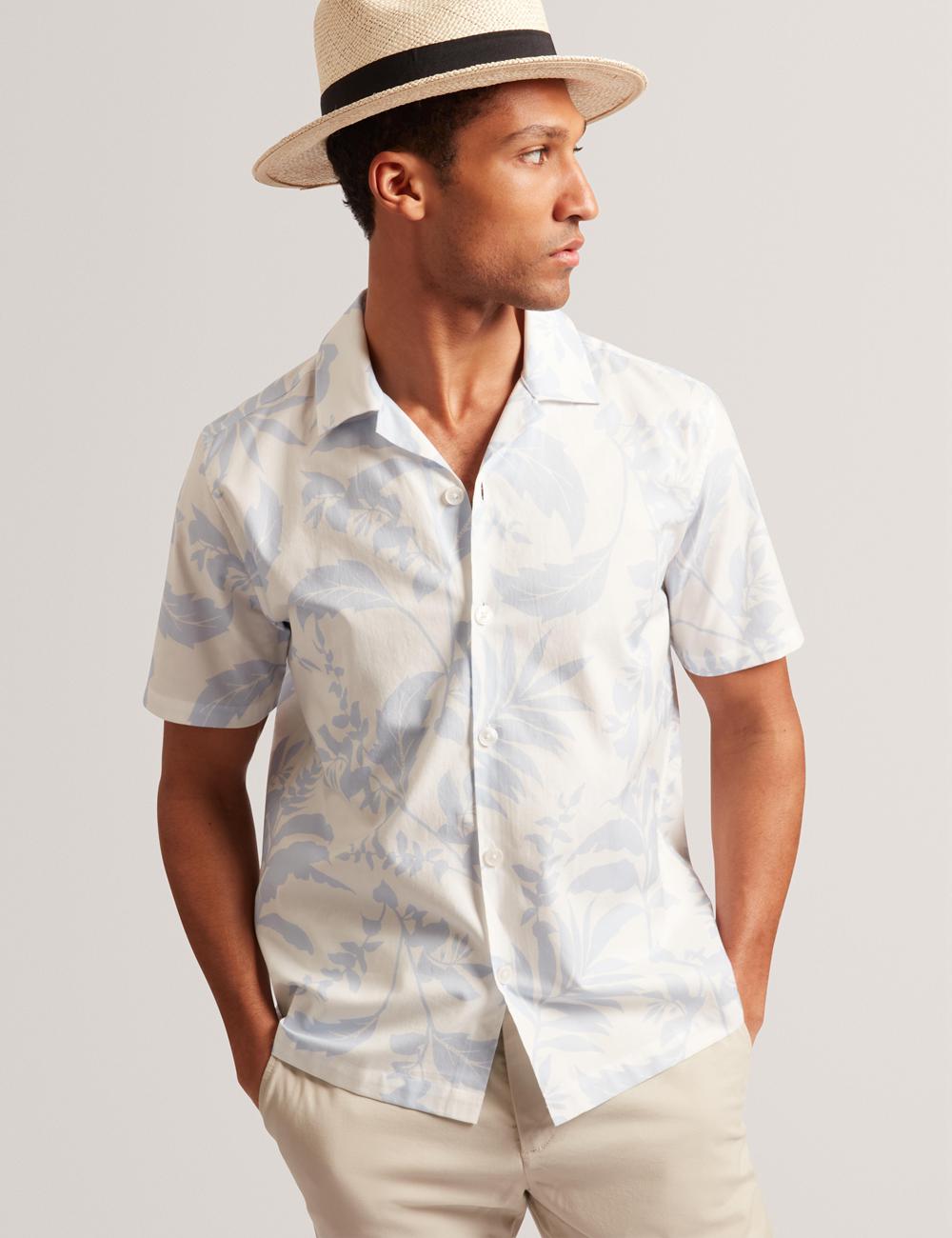 Lt-Blue Ted Baker KITS - Short Sleeve Relaxed Floral Print Men Casual Shirts | Canada  GZH-670341