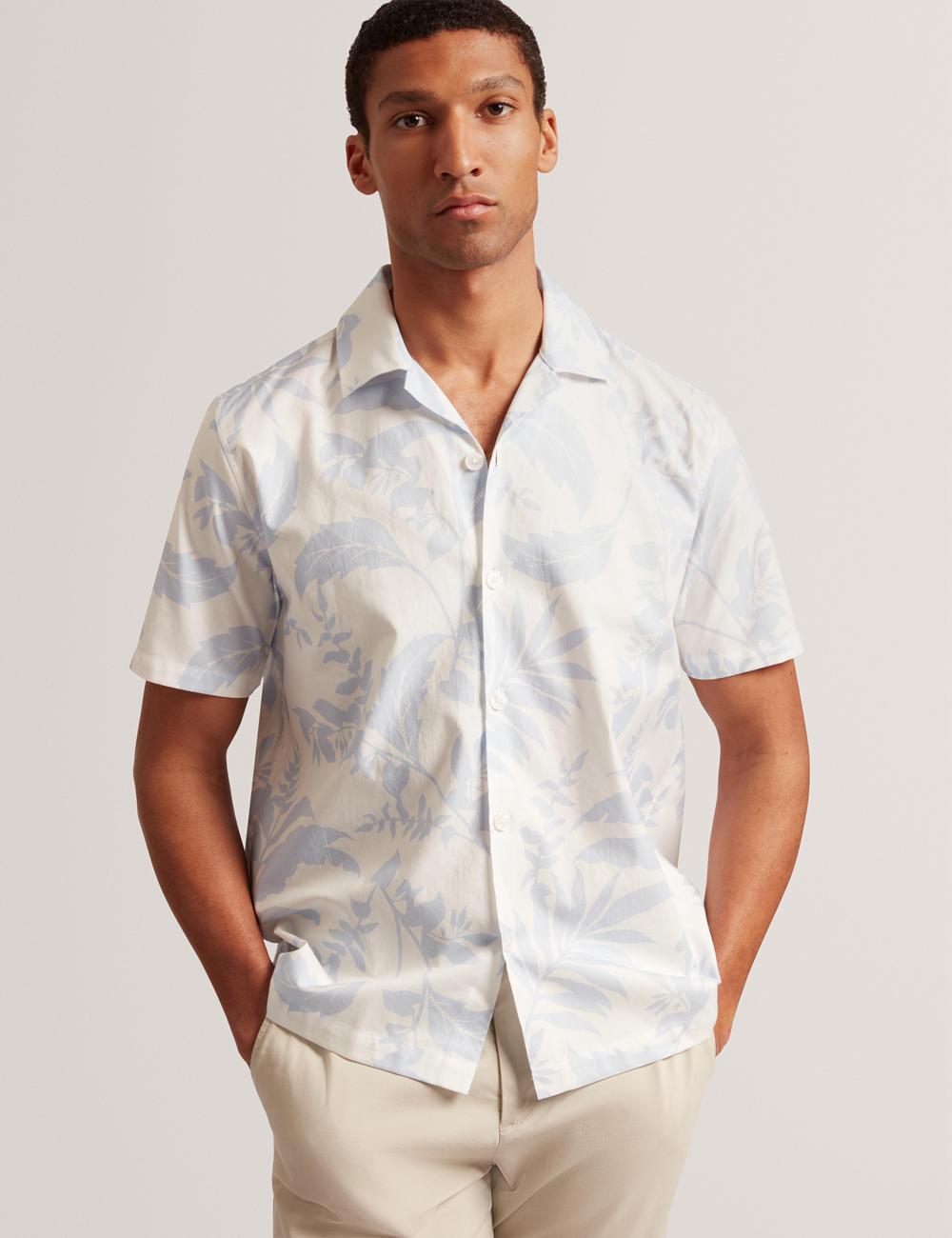 Lt-Blue Ted Baker KITS - Short Sleeve Relaxed Floral Print Men Casual Shirts | Canada  GZH-670341
