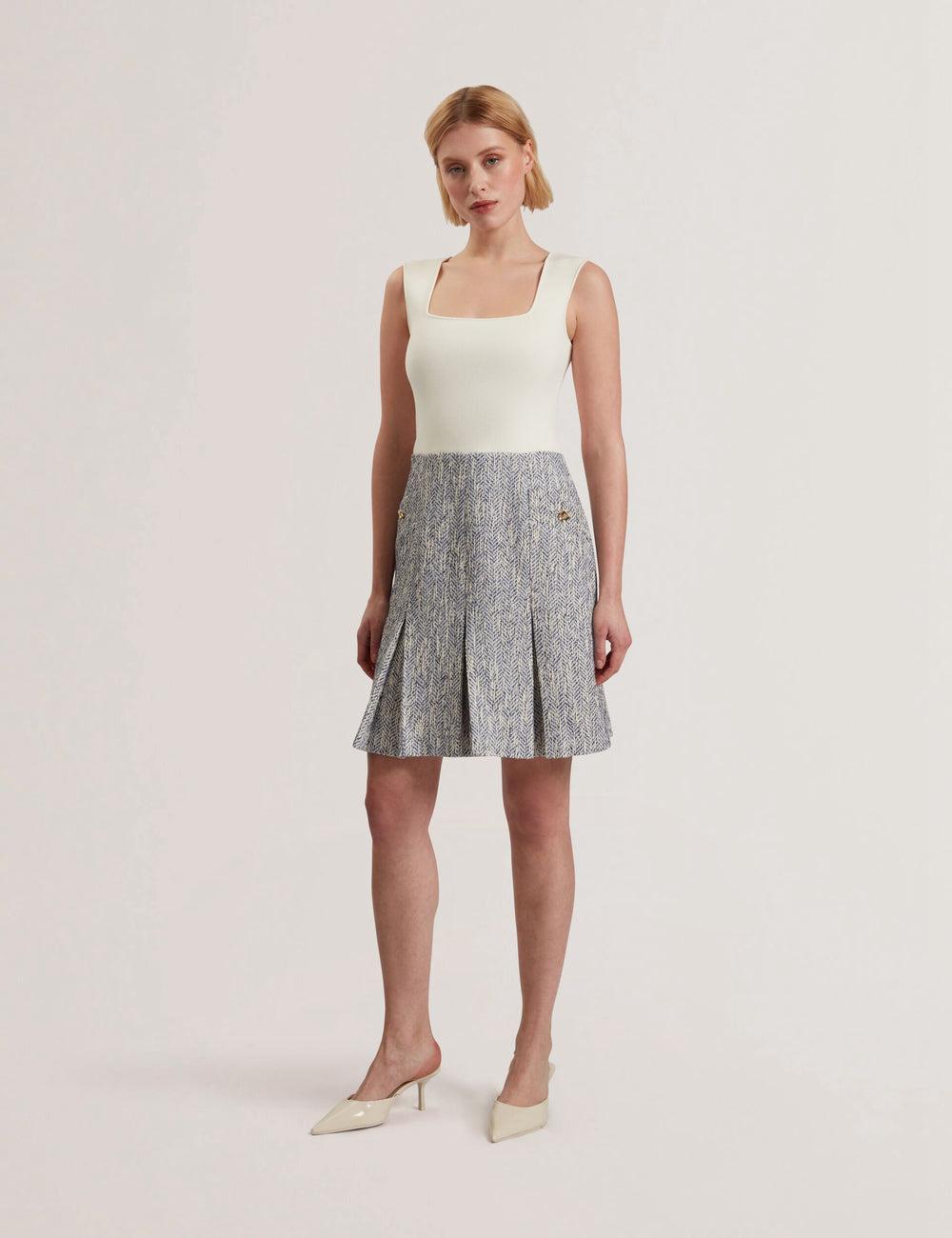 Lt-Blue Ted Baker VULPAM - Sleeveless Knit Bodice Boucle Women Mini Dresses | Canada  TDW-541678