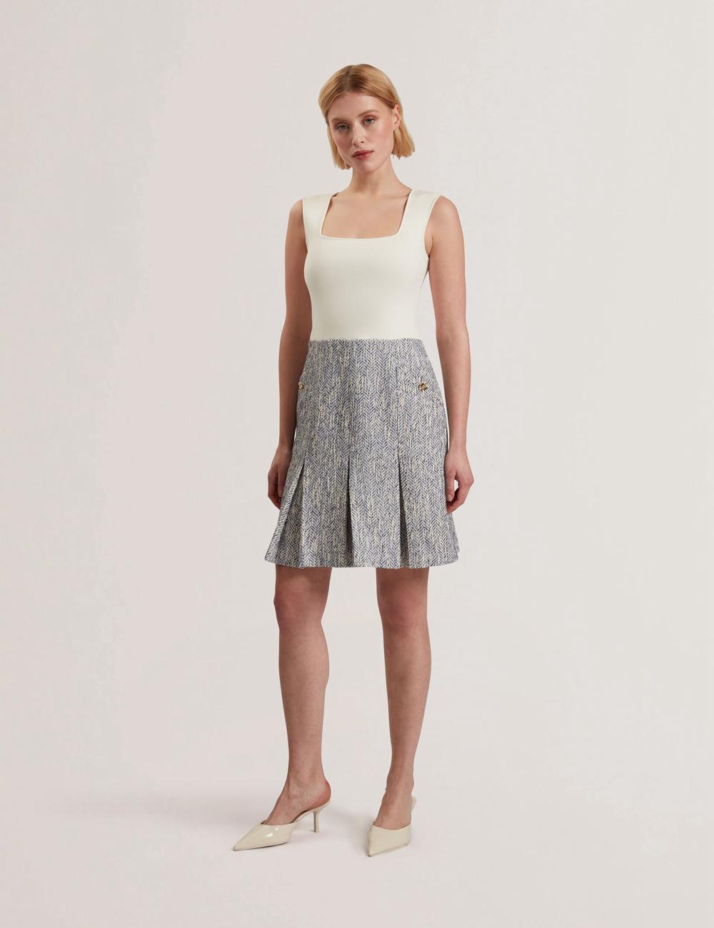 Lt-Blue Ted Baker VULPAM - Sleeveless Knit Bodice Boucle Women Mini Dresses | Canada  TDW-541678