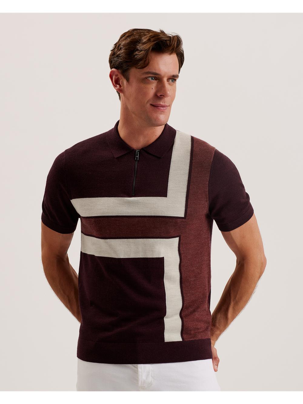 Maroon Ted Baker AMBLER - Colour Block Zip Neck Wool Men Polos Shirts | Canada  AZF-402936