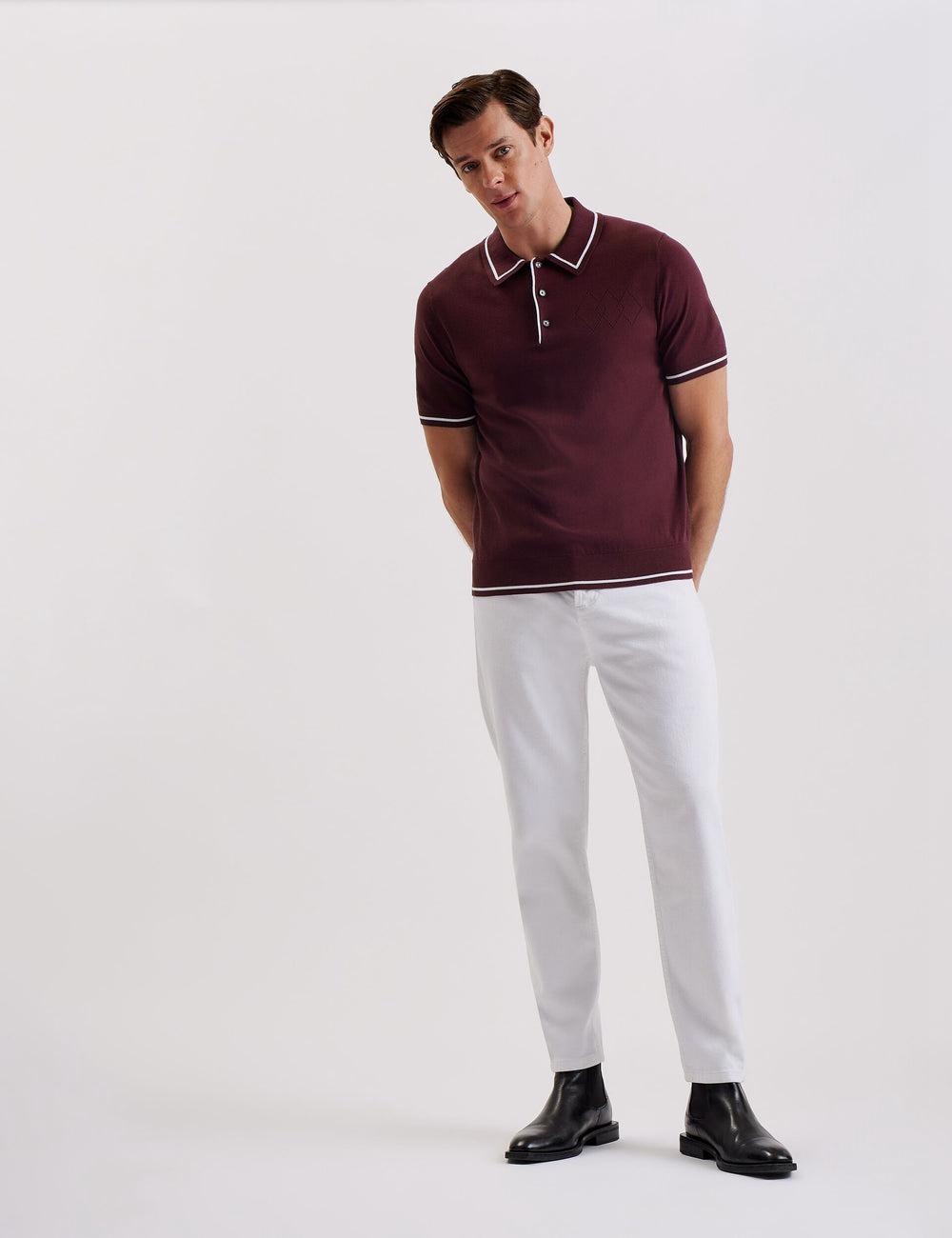 Maroon Ted Baker DUNOW - Pointelle Detail Striped Trim Men Polos Shirts | Canada  ZCM-215746