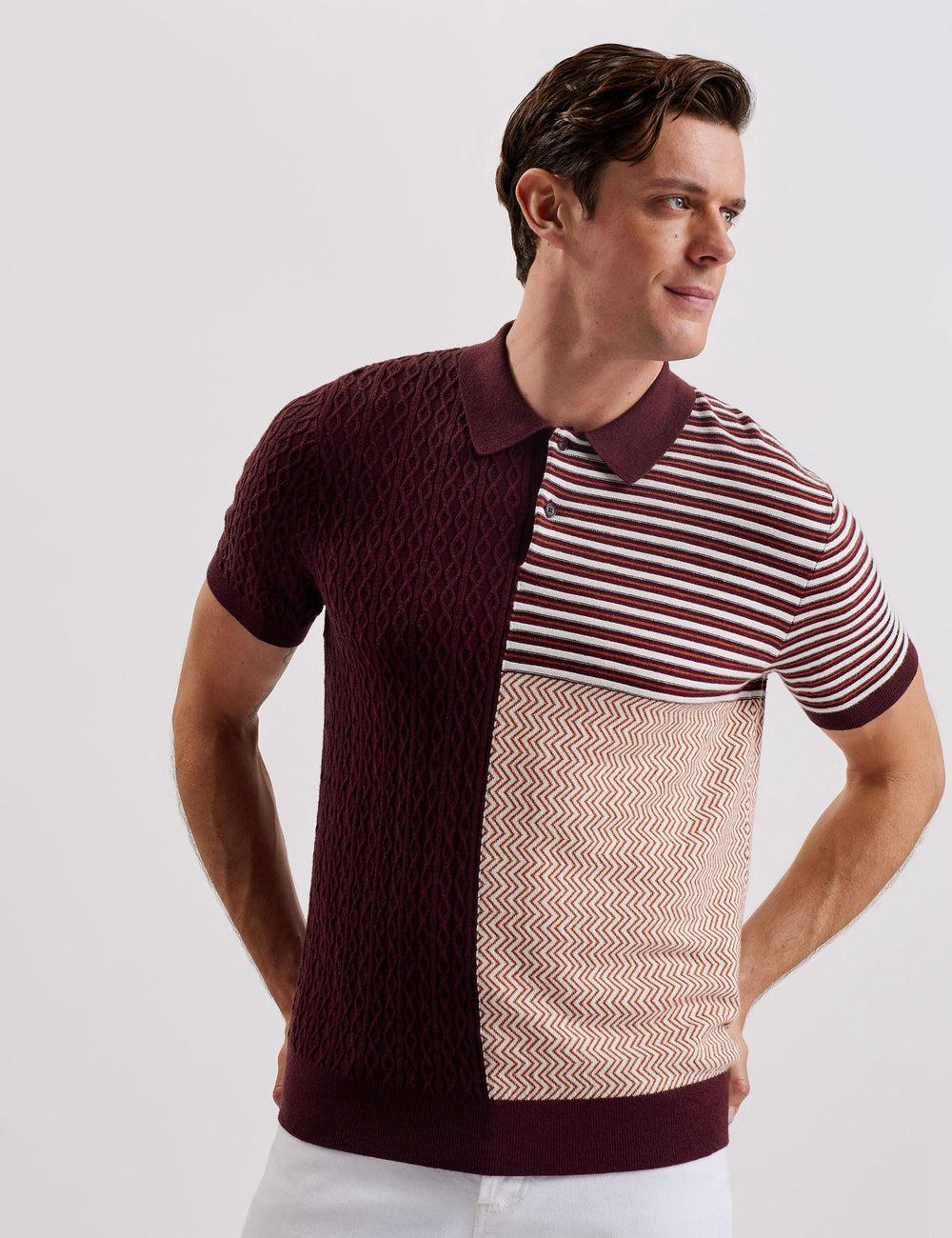 Maroon Ted Baker MINSTA - Textured Patchwork Knit Men Polos Shirts | Canada  BPO-697025