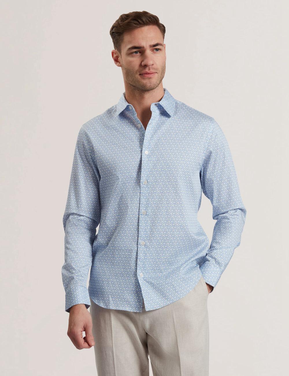 Mid-Blue Ted Baker ALPHAIS - Regular Fit Geometric Pure Cotton Men Casual Shirts | Canada  IHT-147562