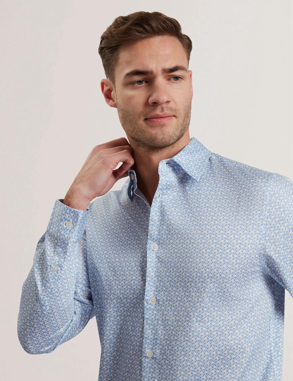 Mid-Blue Ted Baker ALPHAIS - Regular Fit Geometric Pure Cotton Men Casual Shirts | Canada  IHT-147562