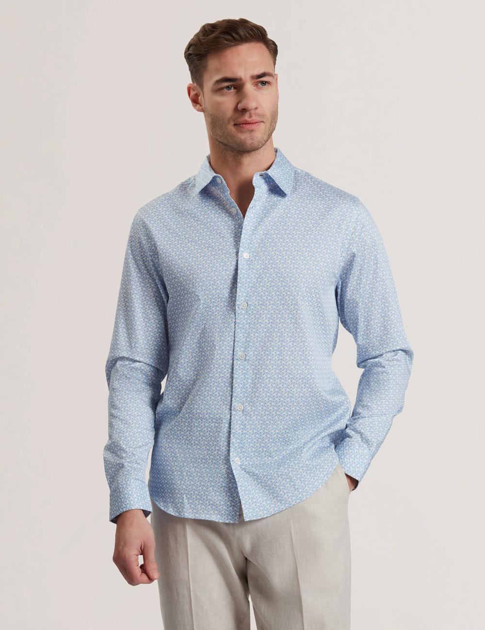 Mid-Blue Ted Baker ALPHAIS - Regular Fit Geometric Pure Cotton Men Casual Shirts | Canada  IHT-147562