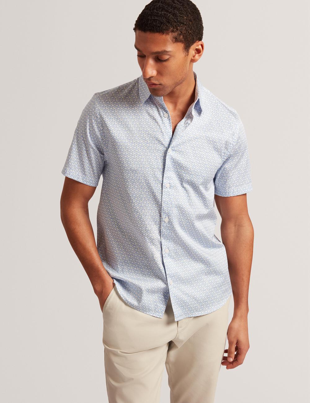 Mid-Blue Ted Baker ALPHSO - SS Regular Fit Geo Men Casual Shirts | Canada  CXH-917534