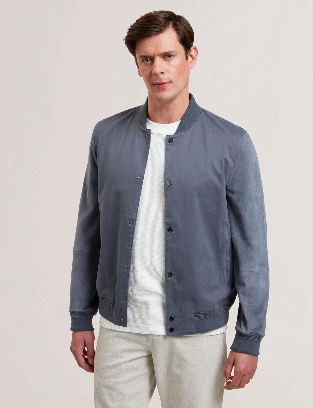 Mid-Blue Ted Baker LIAMS - Cotton Twill & Suede Bomber Men Jackets | Canada  PIZ-690827