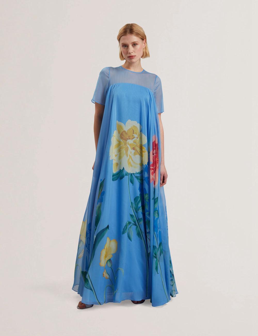 Mid-Blue Ted Baker MALRIE - Sheer Neck Floral Trapeze Women Maxi Dresses | Canada  ABH-984230