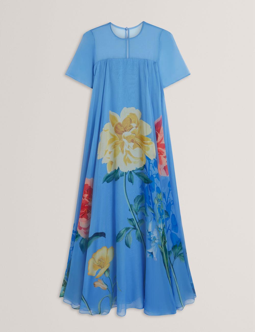 Mid-Blue Ted Baker MALRIE - Sheer Neck Floral Trapeze Women Maxi Dresses | Canada  ABH-984230