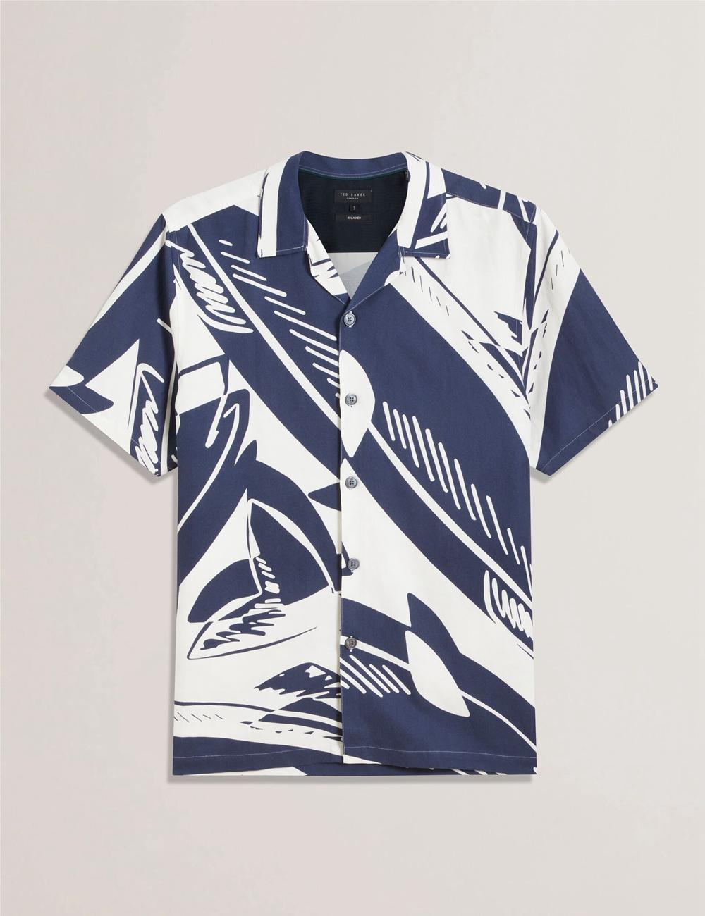 Mid-Navy Ted Baker HEUKELS - Short Sleeve Relaxed Fish Print Men Casual Shirts | Canada  RCL-853762