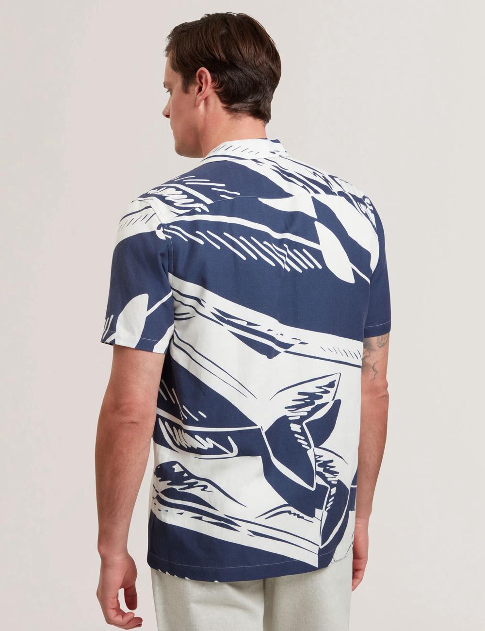 Mid-Navy Ted Baker HEUKELS - Short Sleeve Relaxed Fish Print Men Casual Shirts | Canada  RCL-853762