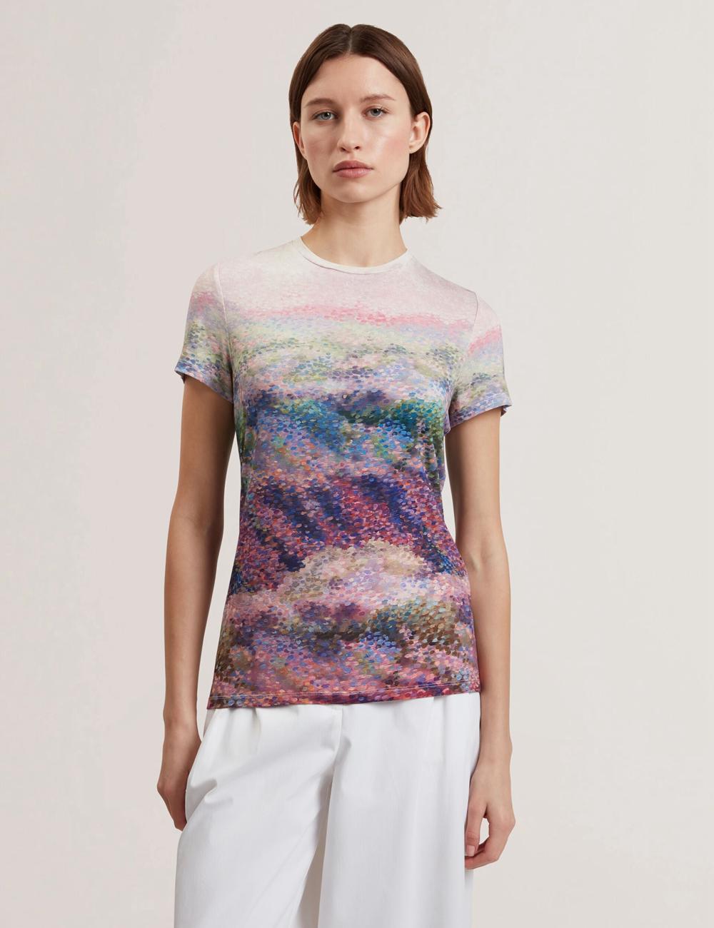 Mid-Pink Ted Baker KAYTTE - Painted Print Crew Neck Fitted Women T-Shirts | Canada  JTU-914358