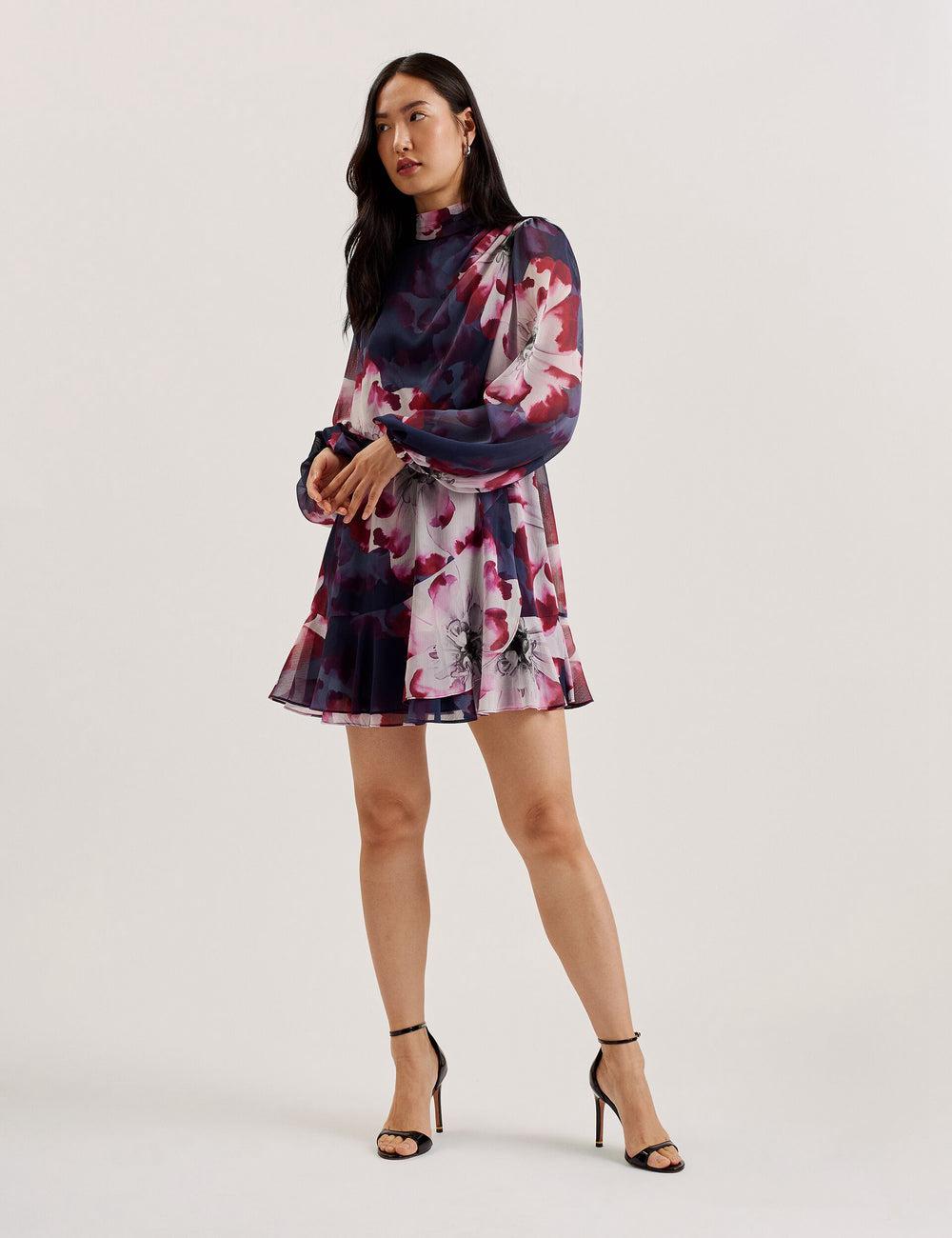 Navy Ted Baker ARACELY - Floral High Neck Long Sleeve Women Mini Dresses | Canada  BLU-817936