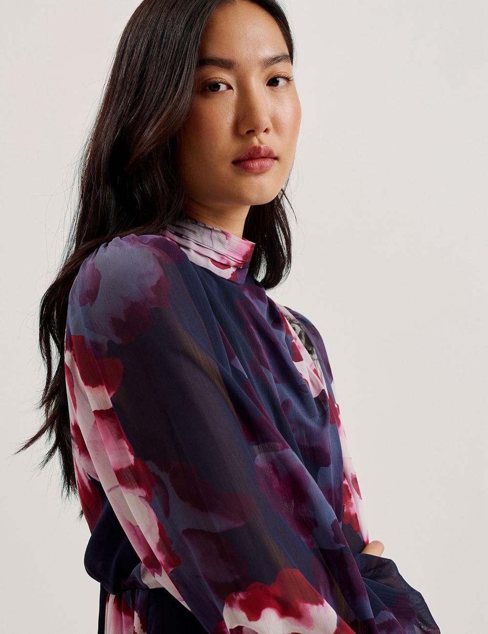 Navy Ted Baker ARACELY - Floral High Neck Long Sleeve Women Mini Dresses | Canada  BLU-817936
