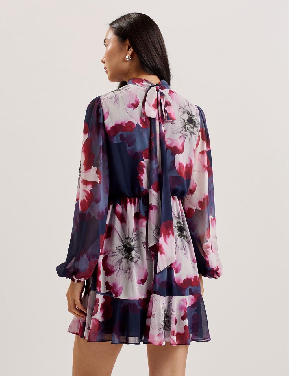 Navy Ted Baker ARACELY - Floral High Neck Long Sleeve Women Mini Dresses | Canada  BLU-817936