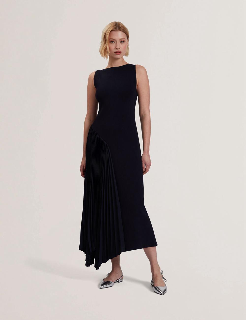 Navy Ted Baker AZZINA - Pleated Panel Sleeveless Knitted Women Midi Dresses | Canada  FXZ-198762