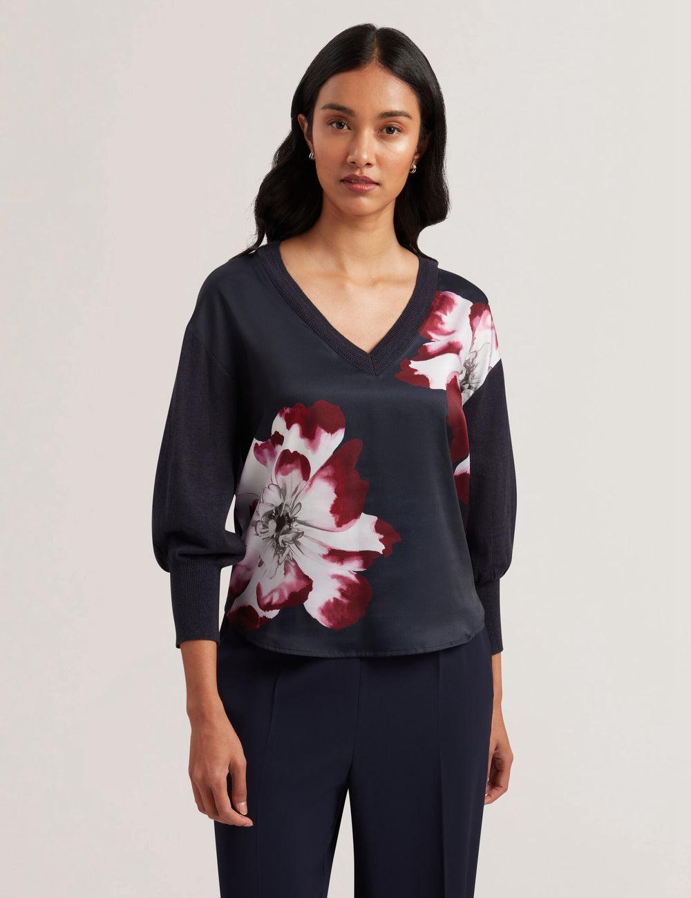 Navy Ted Baker CASEYJ - Printed Woven Front V-Neck Women Jumpers | Canada  GXH-684302
