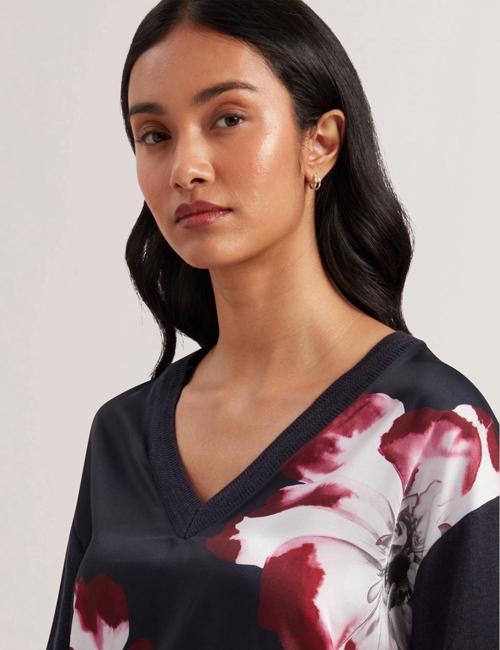 Navy Ted Baker CASEYJ - Printed Woven Front V-Neck Women Jumpers | Canada  GXH-684302