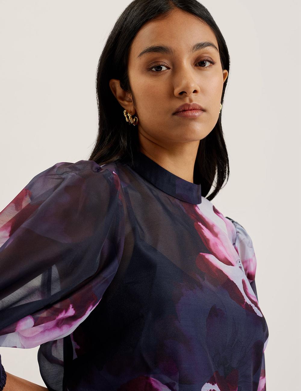 Navy Ted Baker CATALO - Floral Print Balloon Sleeve Organza Top Women Blouses | Canada  RUS-469318