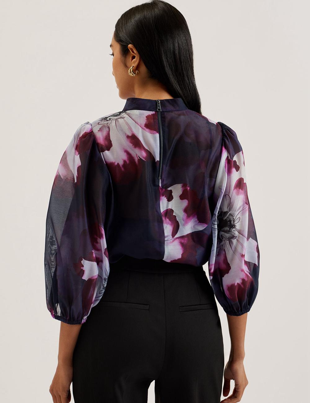 Navy Ted Baker CATALO - Floral Print Balloon Sleeve Organza Top Women Blouses | Canada  RUS-469318
