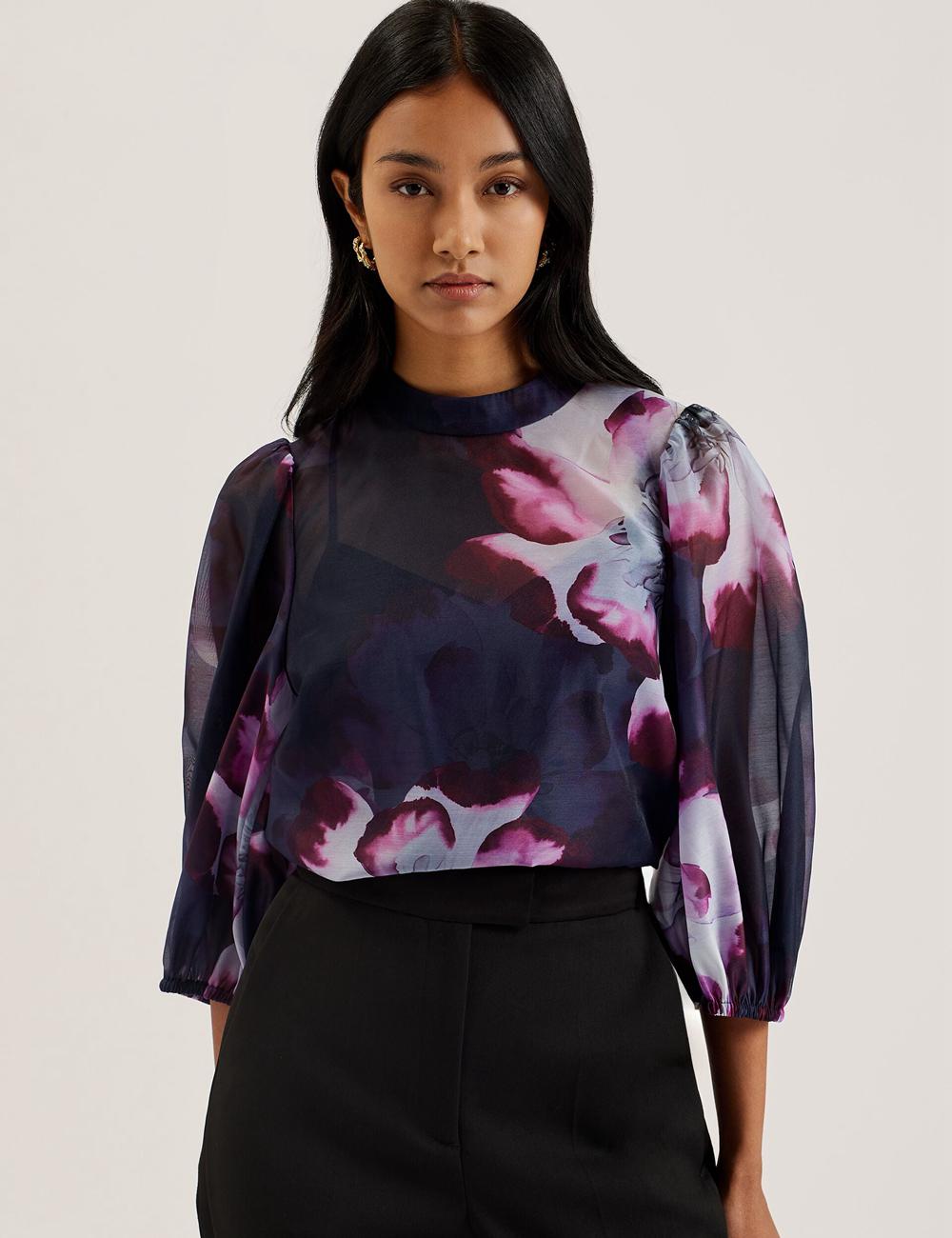 Navy Ted Baker CATALO - Floral Print Balloon Sleeve Organza Top Women Blouses | Canada  RUS-469318
