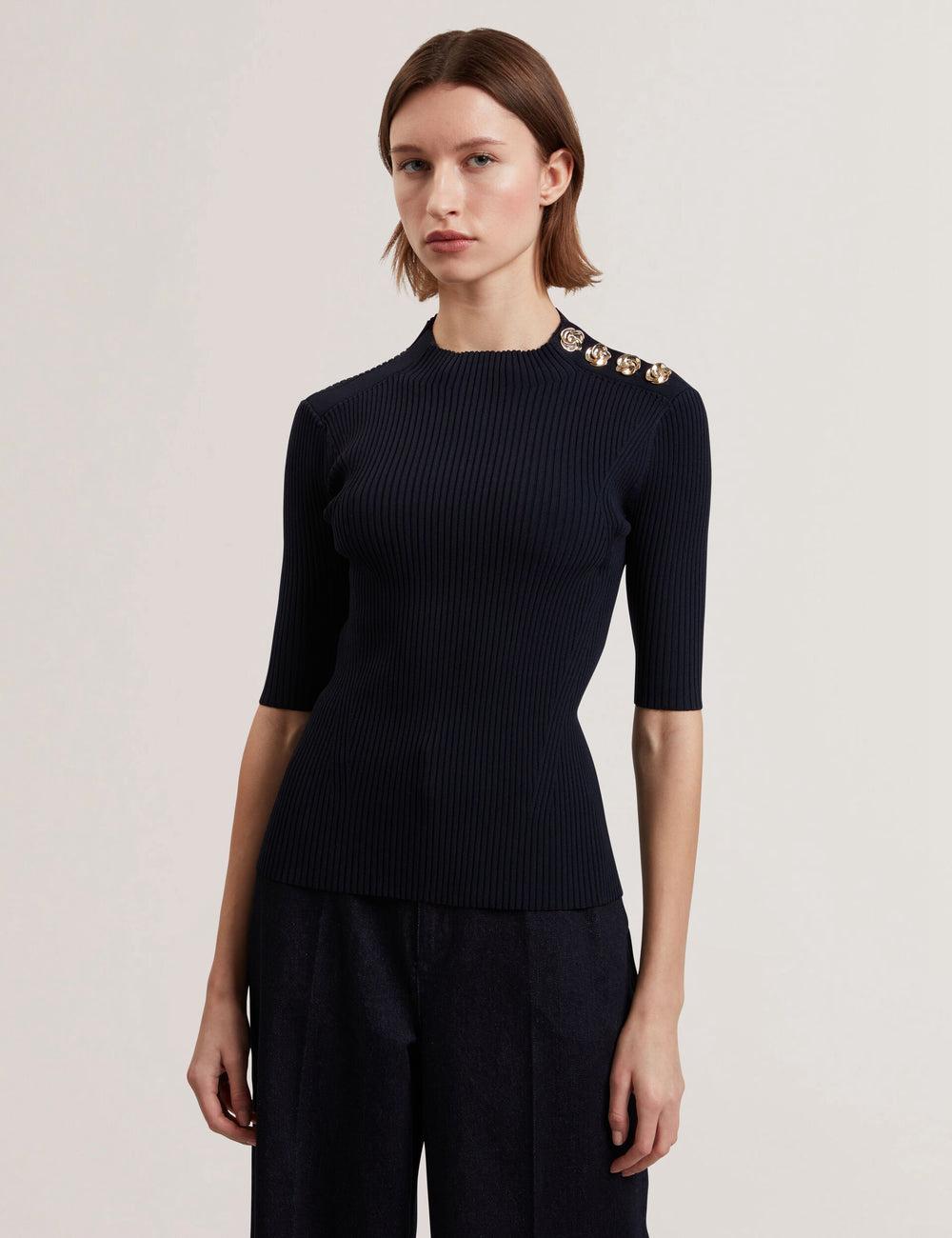 Navy Ted Baker EELIIA - Ribbed Knit Short Sleeve With Rose Buttons Women Tops | Canada  KSN-037856